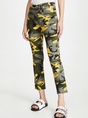 PAM & GELA Camo Jeans Size 28 Yellow Green Exposed Button Fly Kick Flare Raw Hem